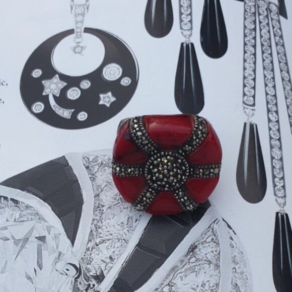 Artisan Sterling Silver Ring With Red Stone Fashion Design Women Jewelry Size 6 - Picture 6 of 6